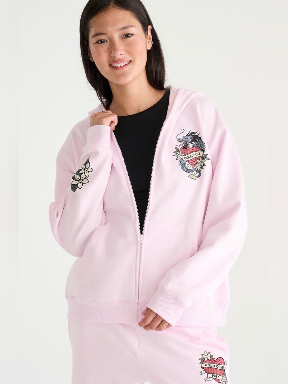 Aeropostale Light Pink Zip-Up Hoodie with Embroidered Dragon and Floral Patches